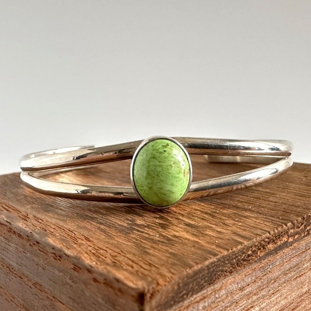 Native American Sterling Silver Jade Cuff Bracelet, Signed Martin, Green Jade